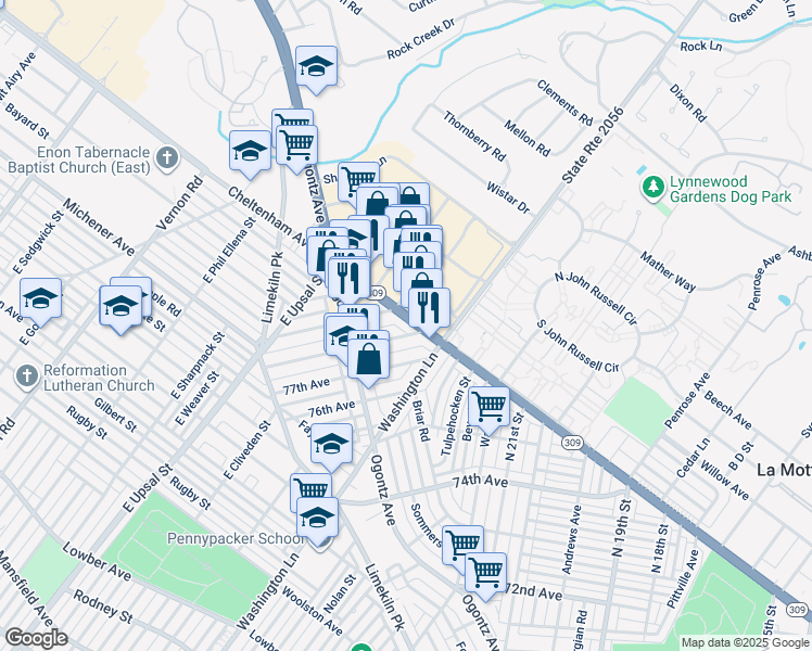 map of restaurants, bars, coffee shops, grocery stores, and more near 2326 West Cheltenham Avenue in Philadelphia