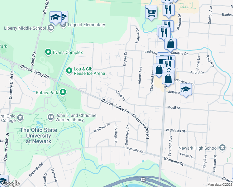 map of restaurants, bars, coffee shops, grocery stores, and more near 725 Moull Street in Newark