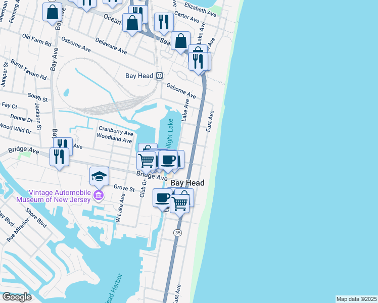 map of restaurants, bars, coffee shops, grocery stores, and more near 29 Karge Street in Bay Head