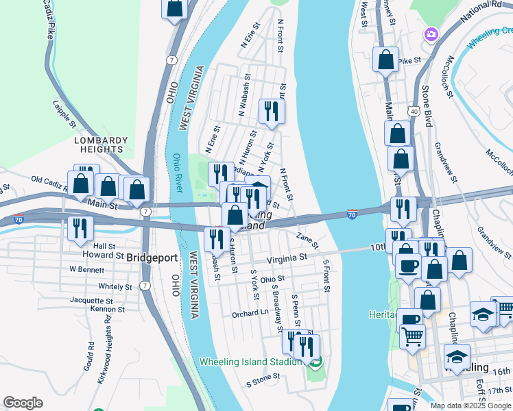 map of restaurants, bars, coffee shops, grocery stores, and more near 91 Zane Street in Wheeling