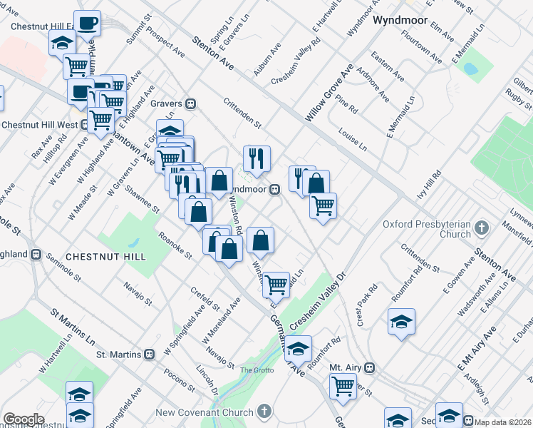 map of restaurants, bars, coffee shops, grocery stores, and more near 7916 Ardleigh Street in Philadelphia