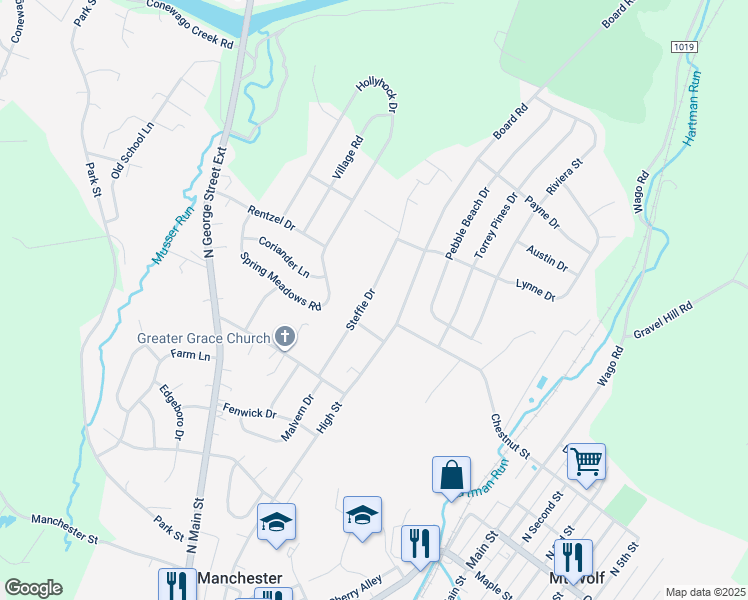 map of restaurants, bars, coffee shops, grocery stores, and more near 105 Steffie Drive in Mount Wolf