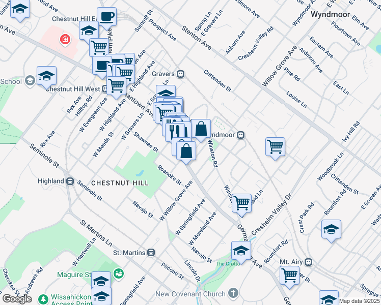 map of restaurants, bars, coffee shops, grocery stores, and more near 16 East Abington Avenue in Philadelphia