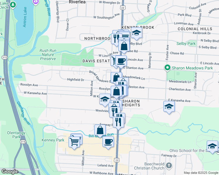 map of restaurants, bars, coffee shops, grocery stores, and more near 52 Rosslyn Avenue in Columbus