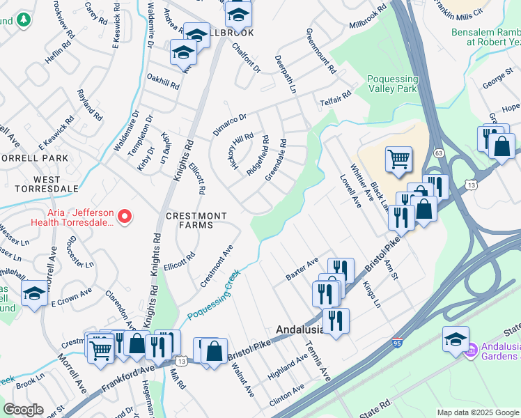 map of restaurants, bars, coffee shops, grocery stores, and more near 135 Dimarco Drive in Philadelphia