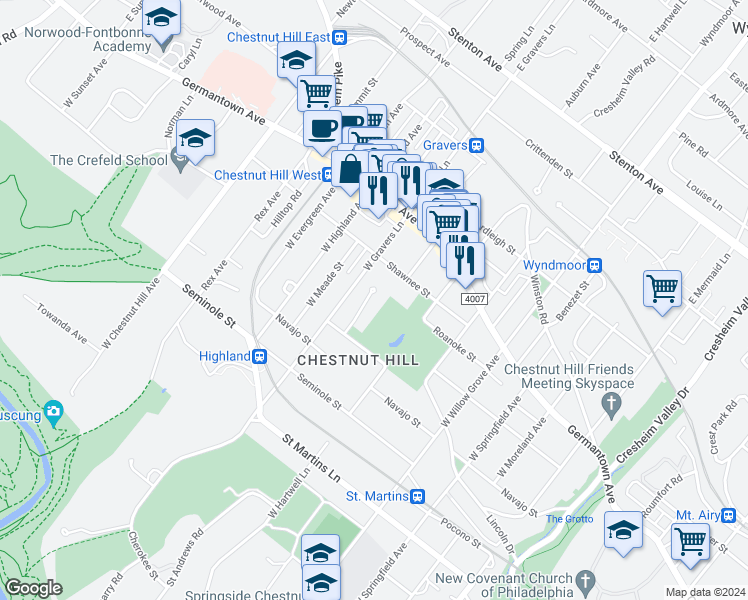 map of restaurants, bars, coffee shops, grocery stores, and more near 204 Sunrise Lane in Philadelphia