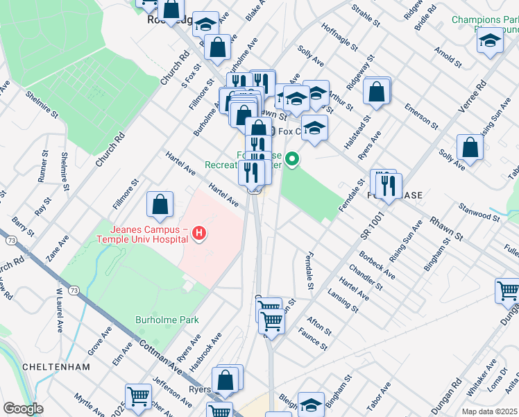 map of restaurants, bars, coffee shops, grocery stores, and more near 7811 Oxford Avenue in Philadelphia