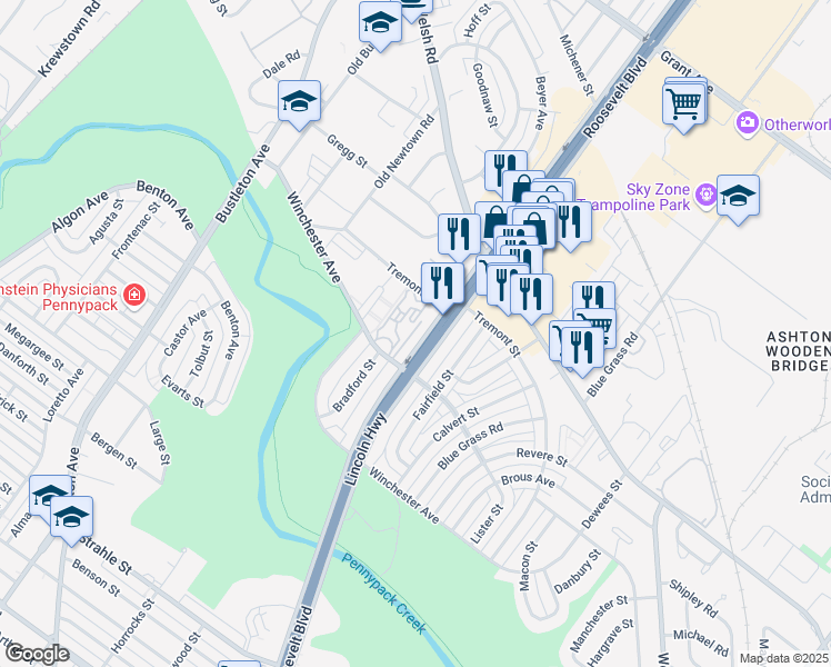 map of restaurants, bars, coffee shops, grocery stores, and more near 890 Roosevelt Boulevard in Philadelphia