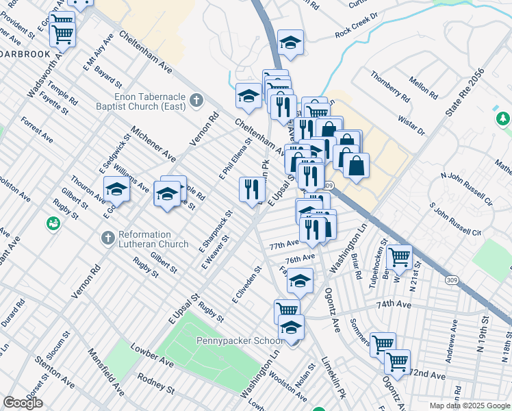 map of restaurants, bars, coffee shops, grocery stores, and more near 1525 East Upsal Street in Philadelphia