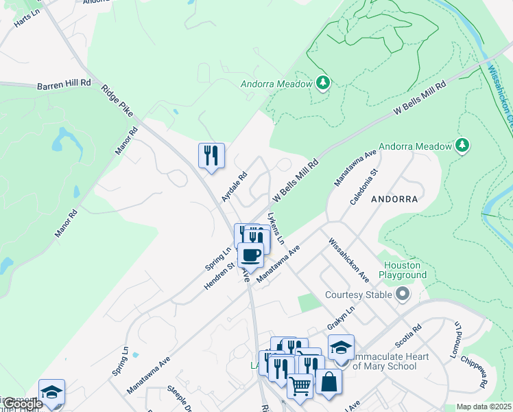 map of restaurants, bars, coffee shops, grocery stores, and more near 843 Green Valley Drive in Philadelphia