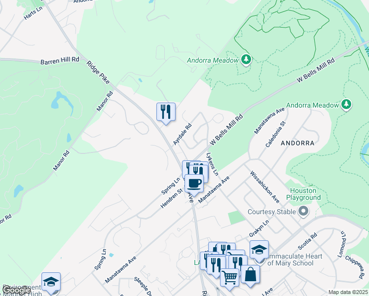 map of restaurants, bars, coffee shops, grocery stores, and more near 819 Green Valley Drive in Philadelphia