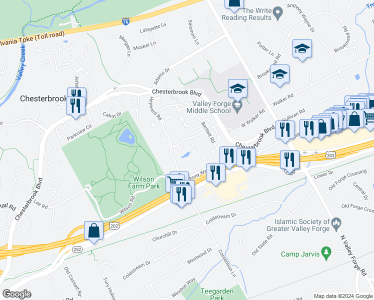 map of restaurants, bars, coffee shops, grocery stores, and more near 342 New Market Court in Chesterbrook