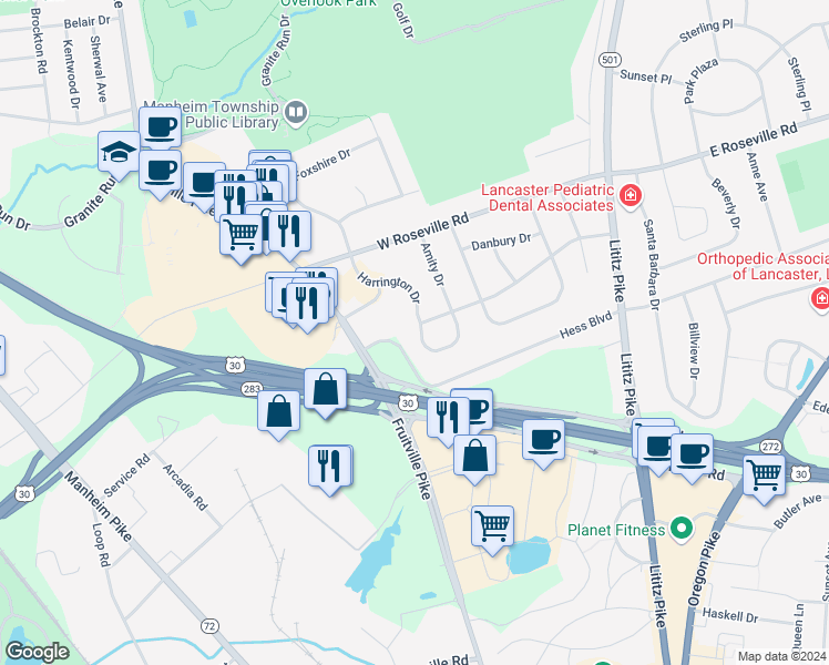 map of restaurants, bars, coffee shops, grocery stores, and more near 275 Hess Boulevard in Lancaster