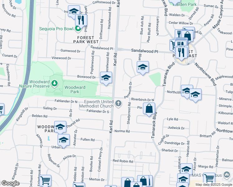 map of restaurants, bars, coffee shops, grocery stores, and more near 1603 Sugarmaple Court in Columbus