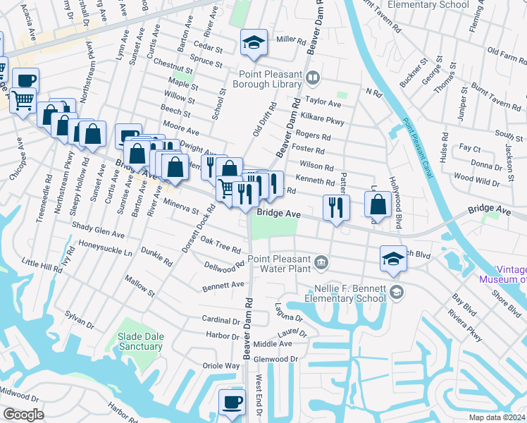 map of restaurants, bars, coffee shops, grocery stores, and more near 2253 Bridge Ave in Point Pleasant