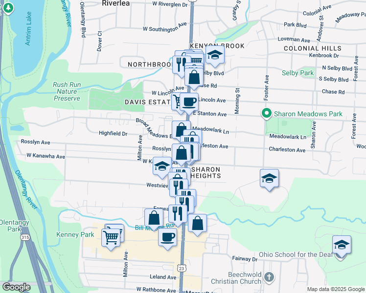 map of restaurants, bars, coffee shops, grocery stores, and more near 5381 U.S. 23 in Columbus