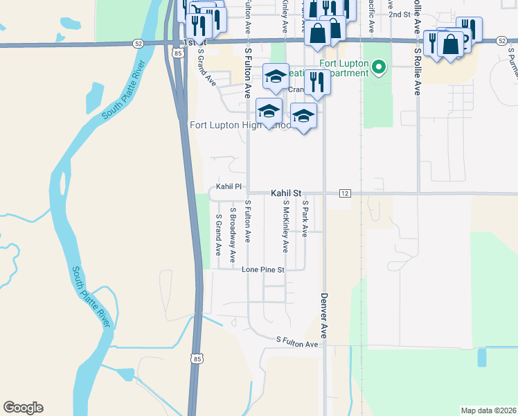 map of restaurants, bars, coffee shops, grocery stores, and more near 633 South Hoover Avenue in Fort Lupton