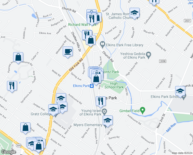map of restaurants, bars, coffee shops, grocery stores, and more near 7906 Montgomery Avenue in Elkins Park