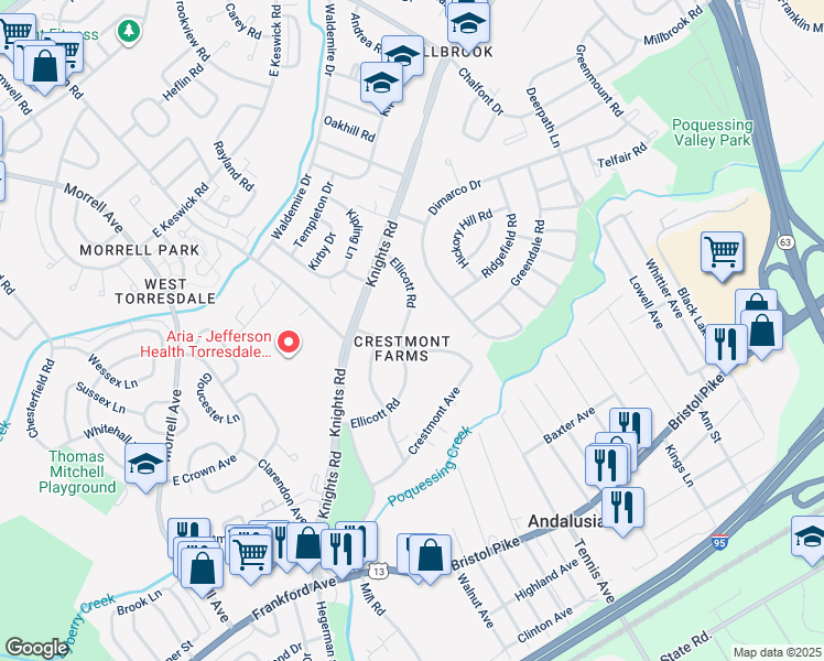 map of restaurants, bars, coffee shops, grocery stores, and more near 10915 Ellicott Road in Philadelphia