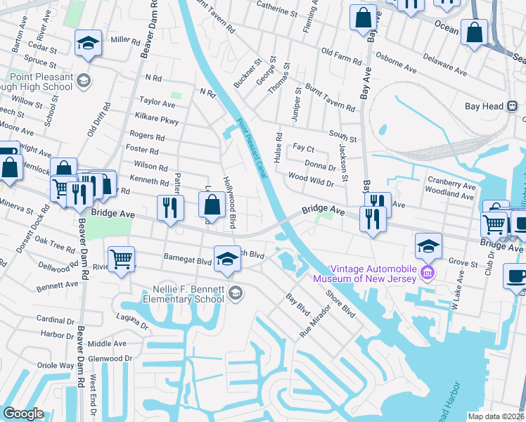 map of restaurants, bars, coffee shops, grocery stores, and more near 1132 Canal Drive in Point Pleasant