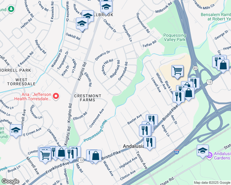 map of restaurants, bars, coffee shops, grocery stores, and more near 135 Dimarco Drive in Philadelphia