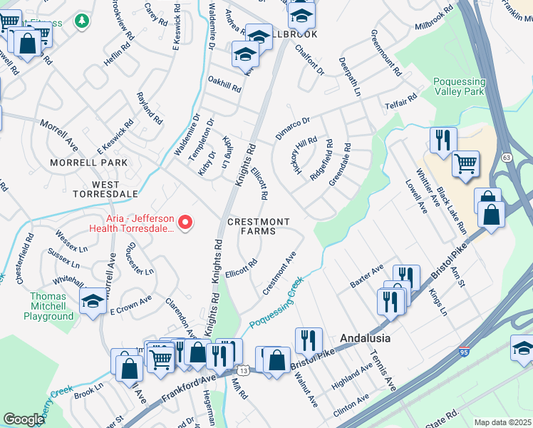 map of restaurants, bars, coffee shops, grocery stores, and more near 10915 Ellicott Road in Philadelphia
