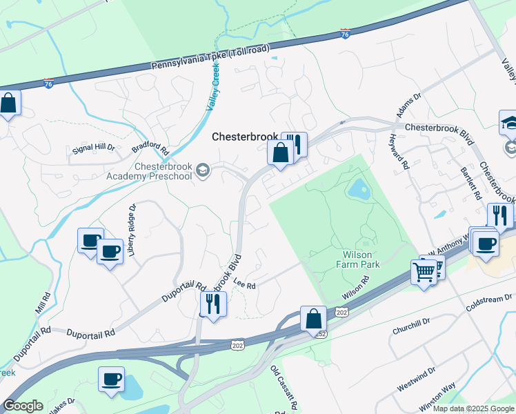 map of restaurants, bars, coffee shops, grocery stores, and more near 703 Cheswold Court in Chesterbrook