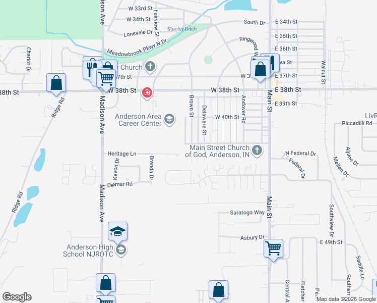 map of restaurants, bars, coffee shops, grocery stores, and more near 4209 Brown Street in Anderson