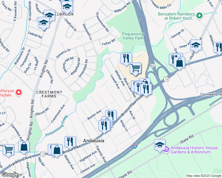 map of restaurants, bars, coffee shops, grocery stores, and more near 1143 Dana Avenue in Andalusia