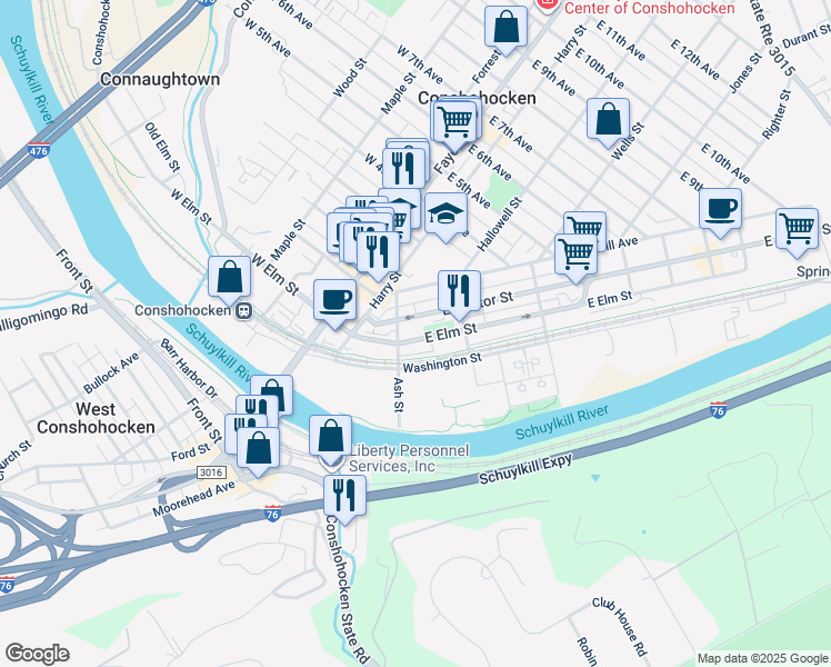 map of restaurants, bars, coffee shops, grocery stores, and more near 218 East Elm Street in Conshohocken