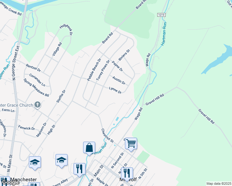 map of restaurants, bars, coffee shops, grocery stores, and more near 350 Lynne Drive in Mount Wolf
