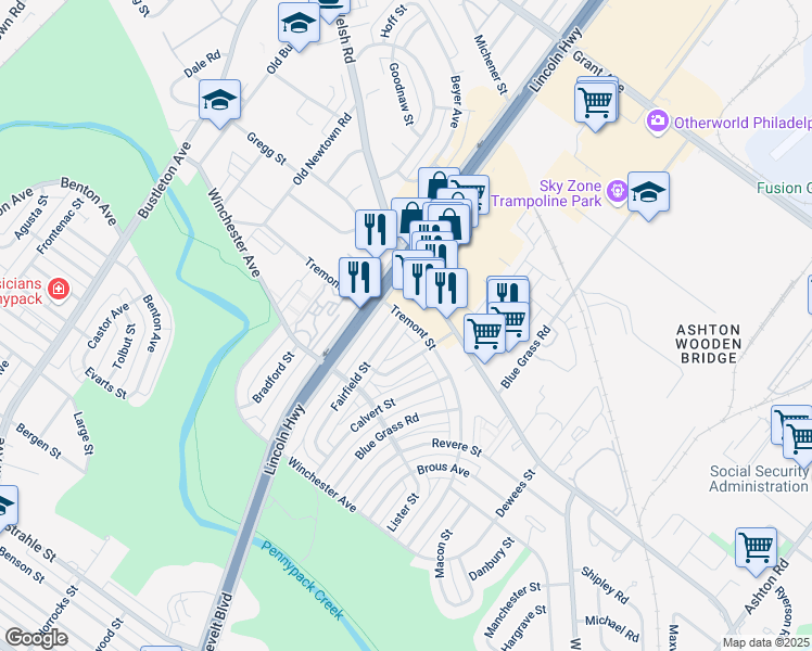 map of restaurants, bars, coffee shops, grocery stores, and more near 8955 Fairfield Street in Philadelphia