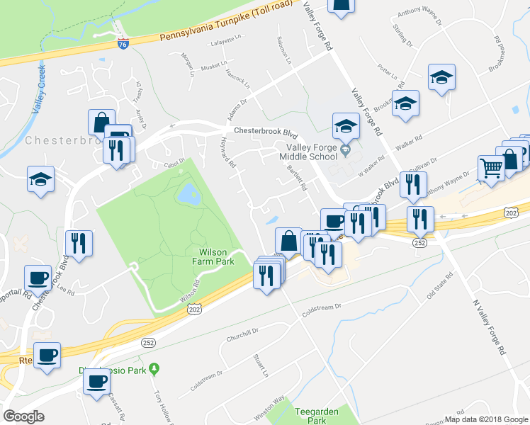 map of restaurants, bars, coffee shops, grocery stores, and more near 350 New Market Court in Wayne