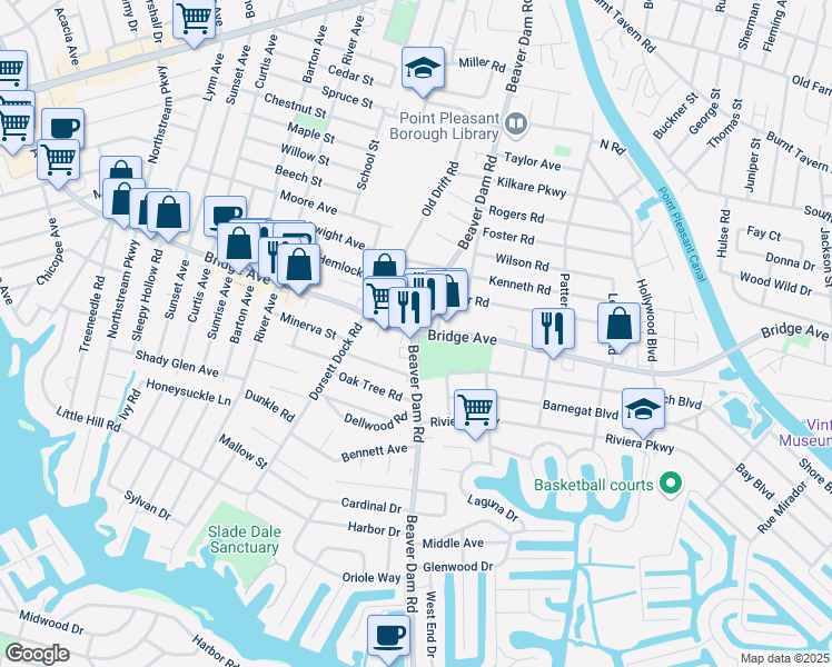 map of restaurants, bars, coffee shops, grocery stores, and more near Bridge Ave & Beaver Dam Rd in Point Pleasant