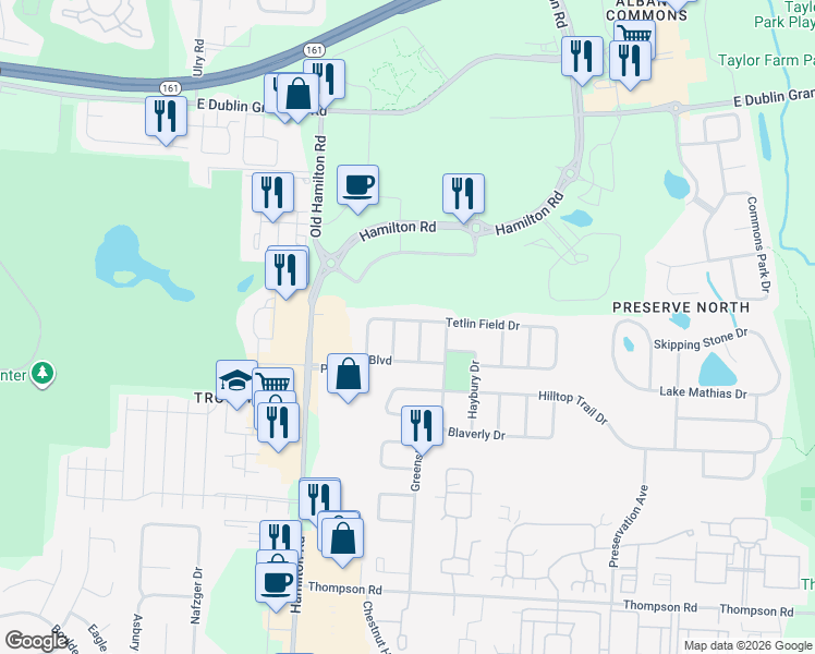 map of restaurants, bars, coffee shops, grocery stores, and more near 5979 Tetlin Field Drive in New Albany