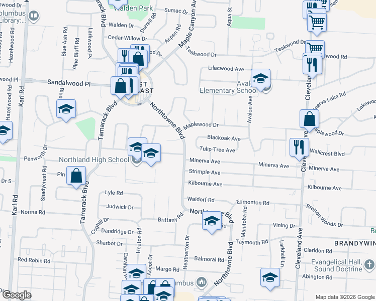 map of restaurants, bars, coffee shops, grocery stores, and more near 5066 Northtowne Boulevard in Columbus
