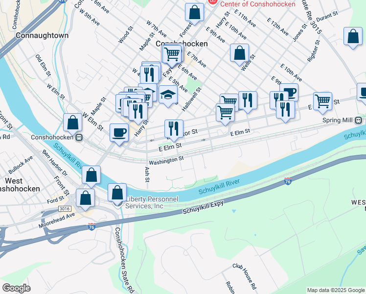 map of restaurants, bars, coffee shops, grocery stores, and more near 313 State Route 3059 in Conshohocken