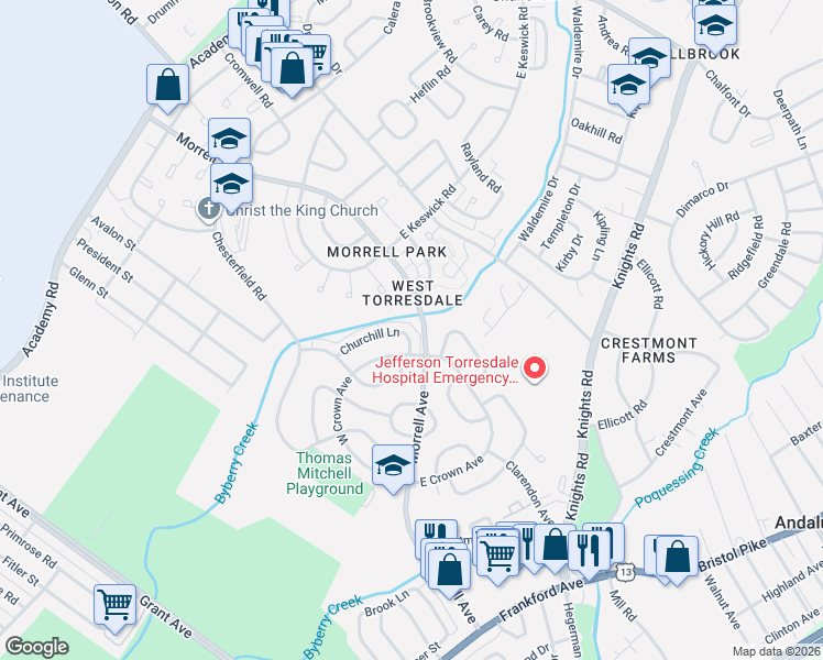 map of restaurants, bars, coffee shops, grocery stores, and more near 3522 Churchill Lane in Philadelphia