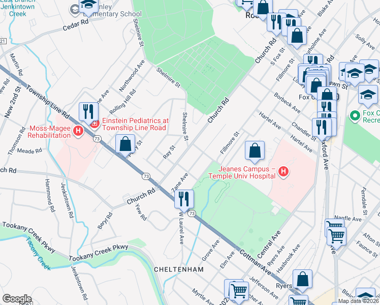 map of restaurants, bars, coffee shops, grocery stores, and more near 231 Church Rd in Jenkintown
