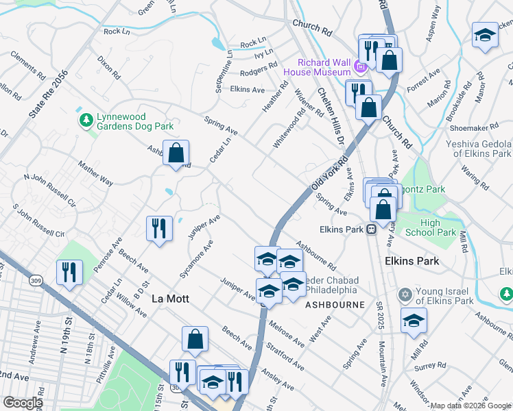 map of restaurants, bars, coffee shops, grocery stores, and more near 1615 Ashbourne Road in Elkins Park