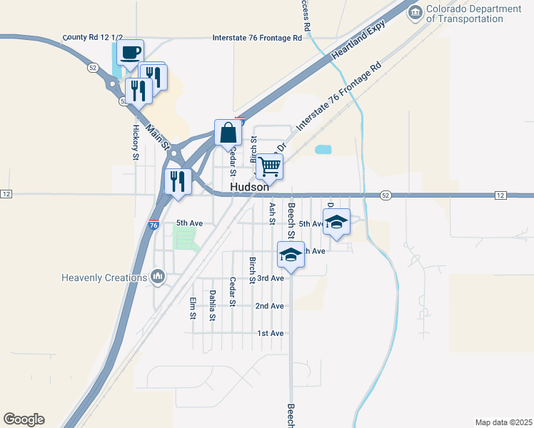 map of restaurants, bars, coffee shops, grocery stores, and more near 538 Ash Street in Hudson