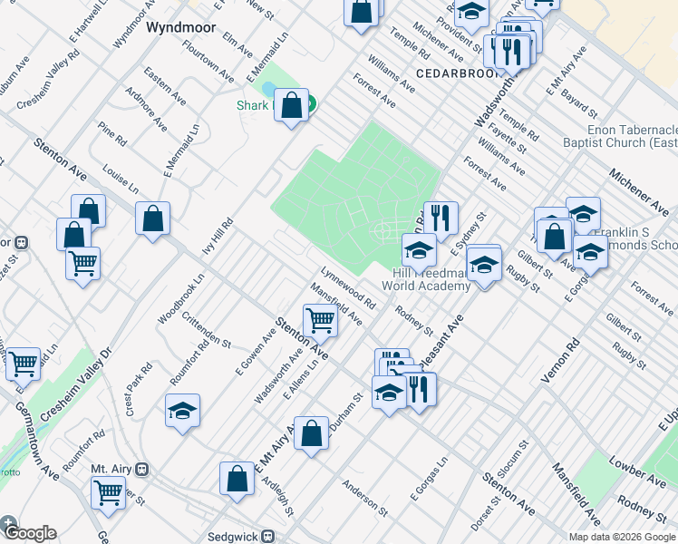 map of restaurants, bars, coffee shops, grocery stores, and more near 8421 Lynnewood Road in Philadelphia
