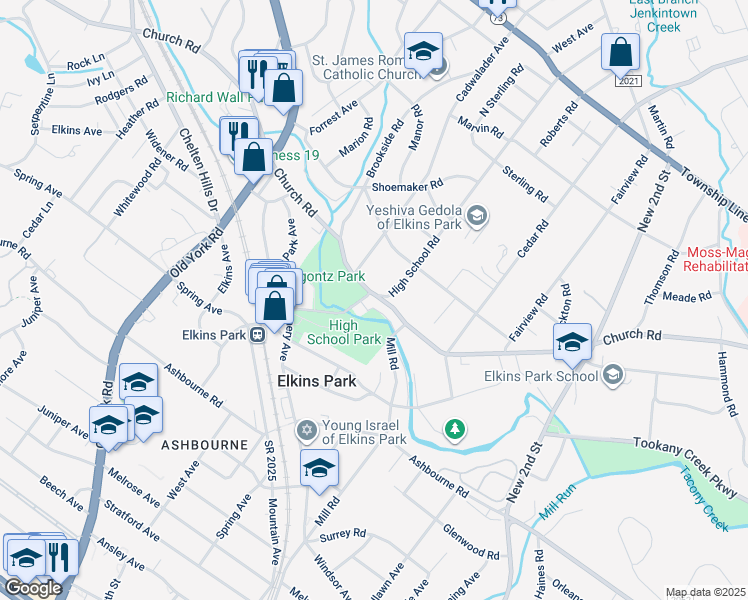 map of restaurants, bars, coffee shops, grocery stores, and more near 382 Church Road in Elkins Park