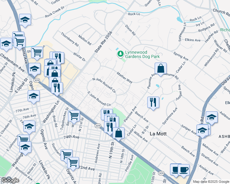 map of restaurants, bars, coffee shops, grocery stores, and more near 2030 North John Russell Circle in Elkins Park