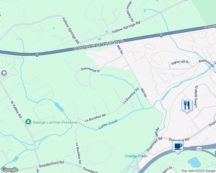 map of restaurants, bars, coffee shops, grocery stores, and more near 1582 Highgrove Lane in Malvern