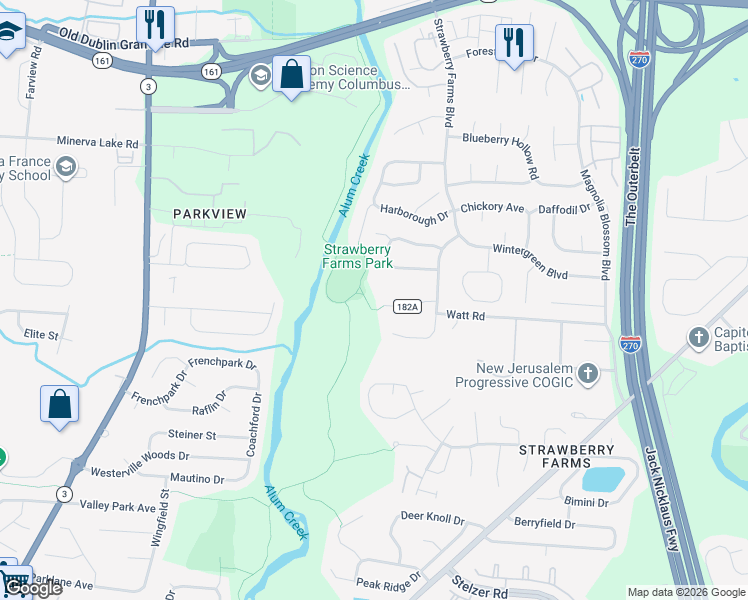 map of restaurants, bars, coffee shops, grocery stores, and more near 3596 Watt Road in Columbus