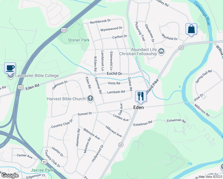 map of restaurants, bars, coffee shops, grocery stores, and more near 1541 Lambeth Rd in Lancaster