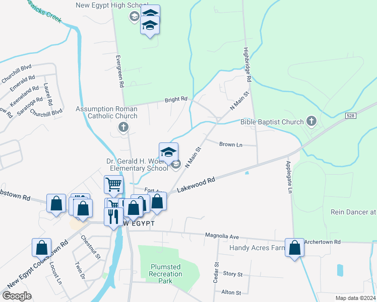 map of restaurants, bars, coffee shops, grocery stores, and more near 72 North Main Street in Plumsted Township