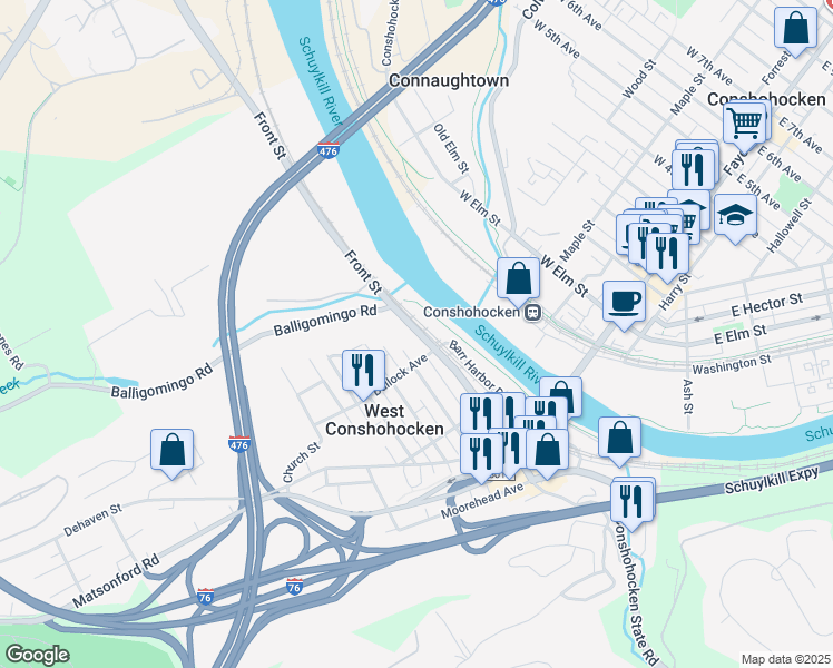 map of restaurants, bars, coffee shops, grocery stores, and more near 227 Front Street in Conshohocken