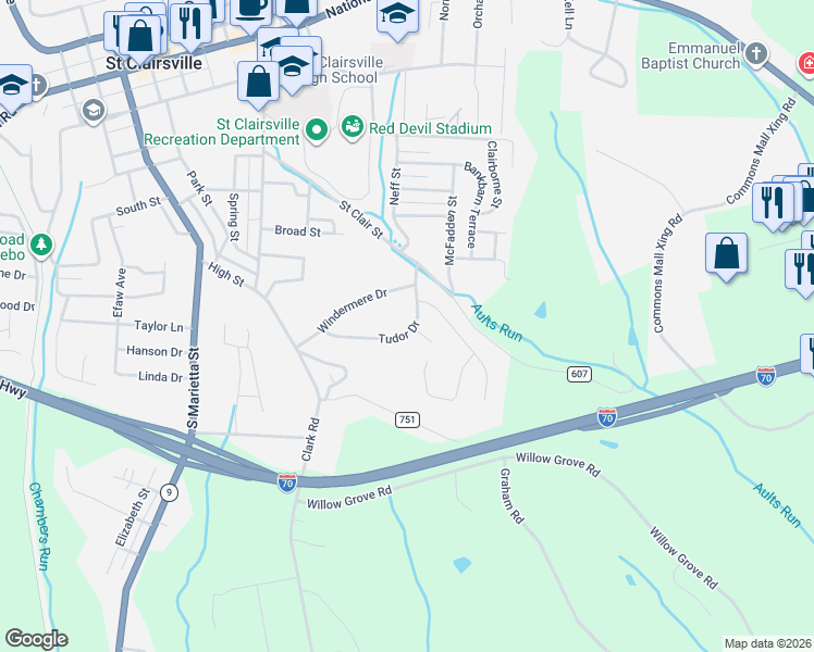 map of restaurants, bars, coffee shops, grocery stores, and more near 127 Tudor Drive in Saint Clairsville